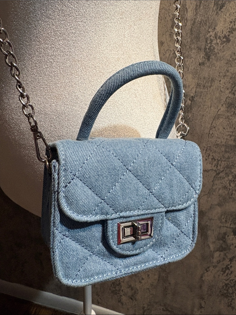 Nano Quilted Light Blue Denim Mini Top-Handle Bag